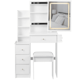 29.2 Small Size Left Bedside Cabinet Vanity Table   Cushioned Stool, 2 AC  2 USB Power Station, Hair Dryer Bracket  Extra Large Touch Control Sliding