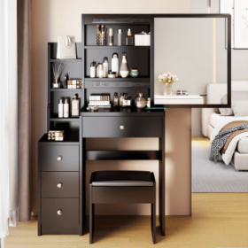29.2 Small Space Left Bedside Cabinet Vanity Table  Cushioned Stool, Extra Large Right Sliding Mirror, Multi Layer High Capacity Storage, Practical Fa