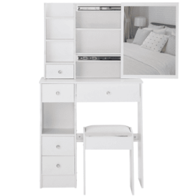 29.2 Small Space Left Drawer Desktop Vanity Table  Cushioned Stool, Extra Large Right Sliding Mirror, Multi Layer High Capacity Storage, Practical Fas