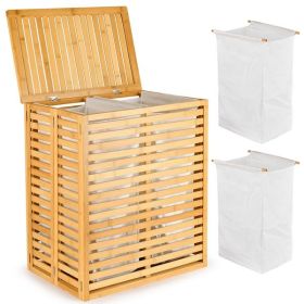 Bamboo Laundry Hamper with Lid â€“ Foldable Clothes Basket with 2-Section Removable Liner Bag, Space-Saving Laundry Sorter for Bathroom, Bedroom, and