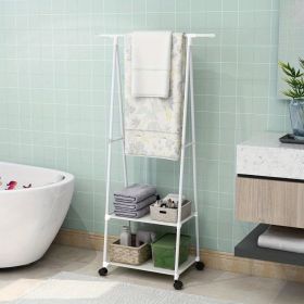 Stainless Steel Rolling Garment Rack with 2-Tier Shelves and 2 Hooks, Portable Metal and Plastic Clothes Organizer, Multipurpose Home Office Clothing