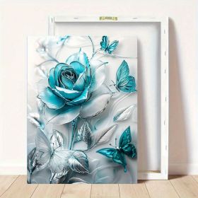 Elegant Turquoise Blue Crystal Rose & Teal Butterflies Canvas Wall Art With Wooden Frame - Classic Decorative Poster For Living Room, Bedroom, Ho (Option: 24X18inch)