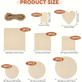 65-Piece Untreated Wood Board Set - Handmade Materials - Includes Hemp Rope - Mixed Round, Square, And Heart-Shaped Wood Pieces - Blank Decorativ (Option: 65pcs)