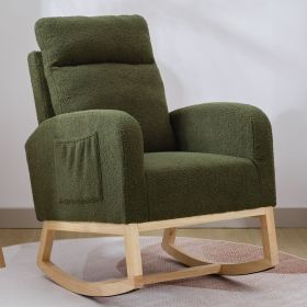Modern Accent Rocking Chair Rocking Chair With Solid Wood Legs, Upholstered Nursery Glider Rocker, Comfy Armchair With Side Pocket, Living Room Lounge (Color: Dark Green)