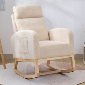 Modern Accent Rocking Chair Rocking Chair With Solid Wood Legs, Upholstered Nursery Glider Rocker, Comfy Armchair With Side Pocket, Living Room Lounge (Color: Beige)