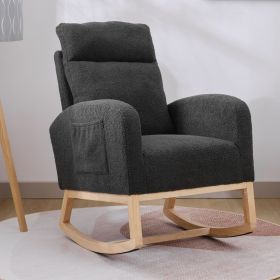 Modern Accent Rocking Chair Rocking Chair With Solid Wood Legs, Upholstered Nursery Glider Rocker, Comfy Armchair With Side Pocket, Living Room Lounge (Color: Dark Grey)