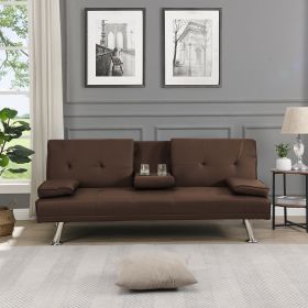 sofa bed with Armrest two holders WOOD FRAME, STAINLESS LEG, FUTON SOFA PVC (Color: brown)