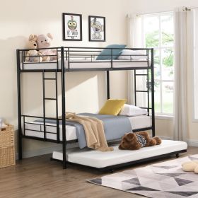 Over Twin Bunk Bed Frame with Trundle,Metal Bunkbed with Sturdy Guard Rail and 2 sideLadders for Kids/Adults,Can be Divided Into Two Beds, No Box Spri (Color: Black)