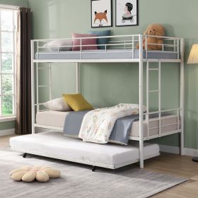 Over Twin Bunk Bed Frame with Trundle,Metal Bunkbed with Sturdy Guard Rail and 2 sideLadders for Kids/Adults,Can be Divided Into Two Beds, No Box Spri (Color: White)