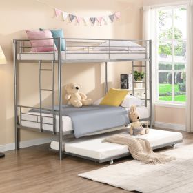 Over Twin Bunk Bed Frame with Trundle,Metal Bunkbed with Sturdy Guard Rail and 2 sideLadders for Kids/Adults,Can be Divided Into Two Beds, No Box Spri (Color: Silver)