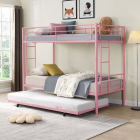 Over Twin Bunk Bed Frame with Trundle,Metal Bunkbed with Sturdy Guard Rail and 2 sideLadders for Kids/Adults,Can be Divided Into Two Beds, No Box Spri (Color: Pink)