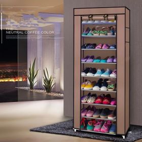 1 Large Capacity 10-Tier Non-Woven Shoe Rack, Space-Saving, Tall & Narrow, Movable for Dust Removal, Stable Structure, Multi-Color, Closet Storage Uni (Color: brown)