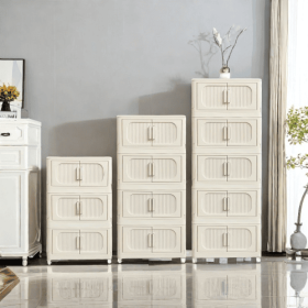 Cream White,19.69 Side Wide Folding Storage Cabinet ,4 Tiers,19.69x11.81x40.55,Collapsible Storage Bins With Magnetic Door, Plastic Storage Cabin (Option: Cream White)