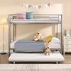 Over Twin Bunk Bed Frame with Trundle,Metal Bunkbed with Sturdy Guard Rail and 2 sideLadders for Kids/Adults,Can be Divided Into Two Beds, No Box Spri